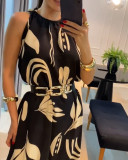 Women Sleeveless Leaf Black and White Print Maxi Dress--No Belt
