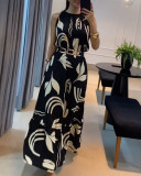 Women Sleeveless Leaf Black and White Print Maxi Dress--No Belt