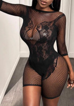 Women's Long-Sleeve See-Through Cut-Out Sexy Knit Jumpsuit