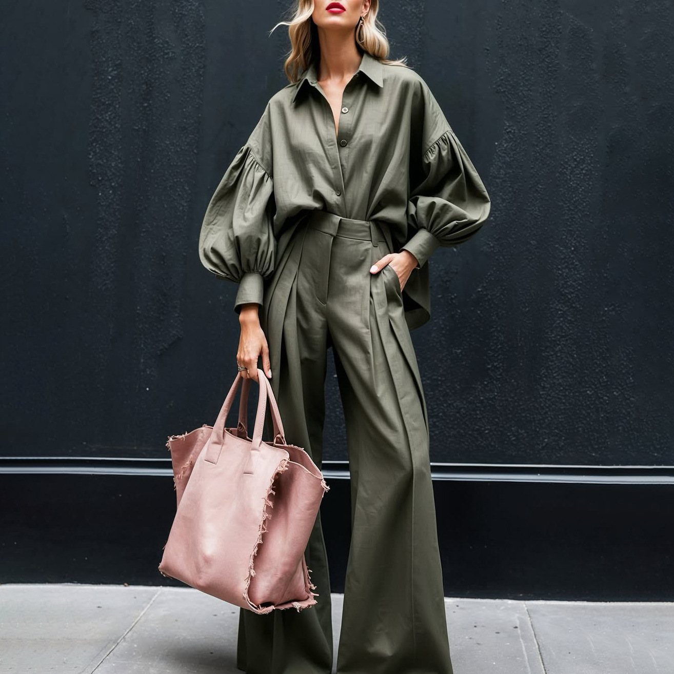 Autumn Solid Long-Sleeve Shirt & Wide-Leg Pants Linen Two-Piece Set
