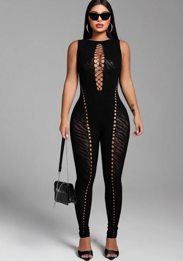 Spring Women's Sleeveless Tiger Stripes Print Cut-Out High-Waist Sexy Jumpsuit