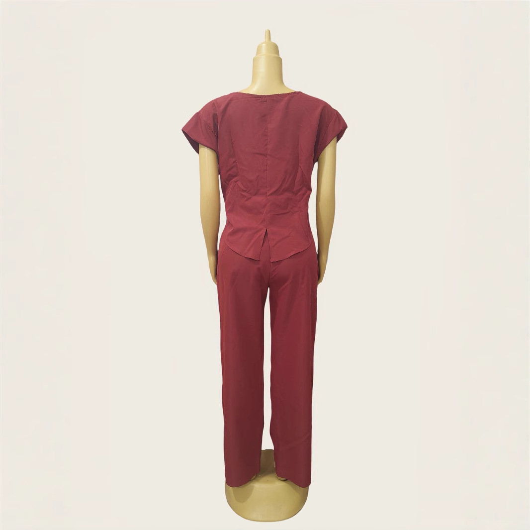 African Print Round Neck Slim Waist Short-Sleeve Top + Loose Cargo Pants Set