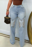 Women's Fashion Embroidered Blue High-Waisted Wide-Leg Denim Pants