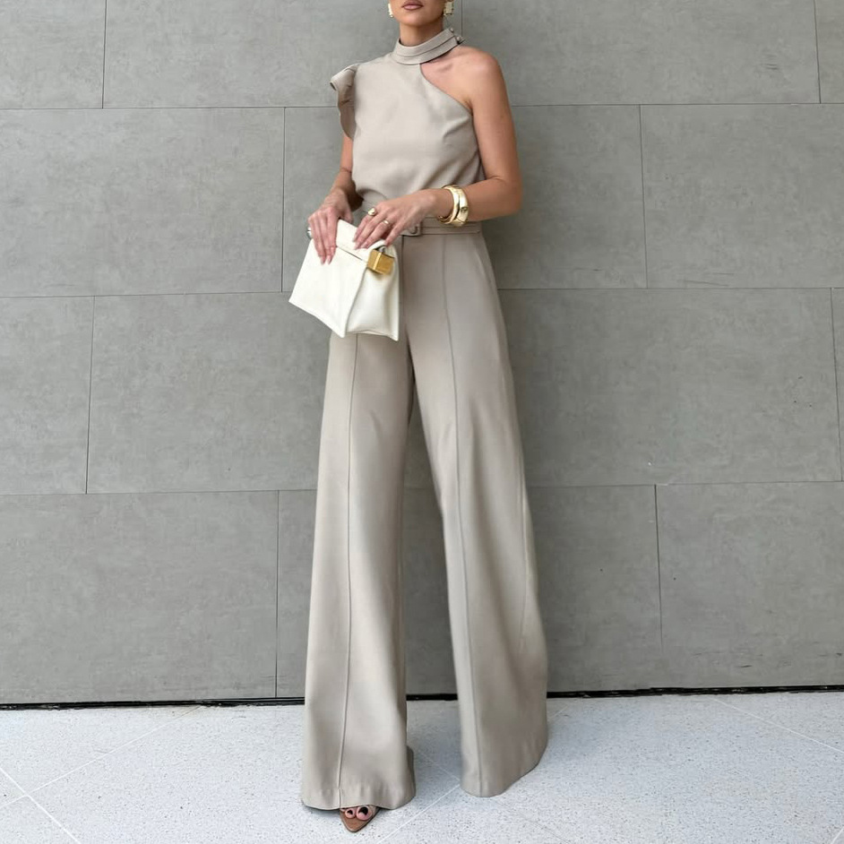 Halter Neck Top + Solid Straight-Leg Pants Two-Piece Set