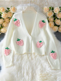 Strawberry Pattern Women's Elegant Knit Cardigan Fall Winter Button Long Sleeve Sweater