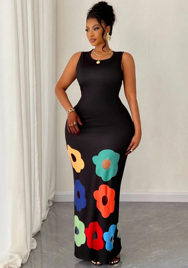 Summer Fashion Round Neck Sleeveless Positioning Print Cut-Out A-Line Dress