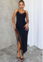 Sexy Low Back Lace Trim Patchwork Strap Long Slit Dress Sexy Low Back Lace Trim Patchwork Strap Long Slit Dress