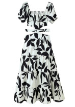 Summer Women's Fashion Color-Blocked Cut-Out Waist Patchwork Maxi Dress