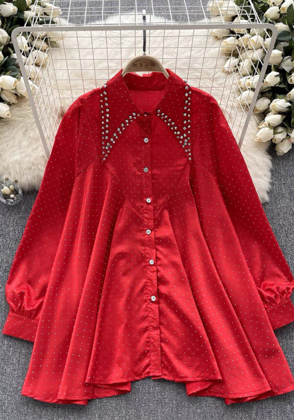 Women's Autumn Rhinestone Embellished Loose Chic Long-Sleeve Top