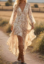Spring V-Neck Bohemian Floral Long-Sleeve Mini Dress Spring V-Neck Bohemian Floral Long-Sleeve Mini Dress