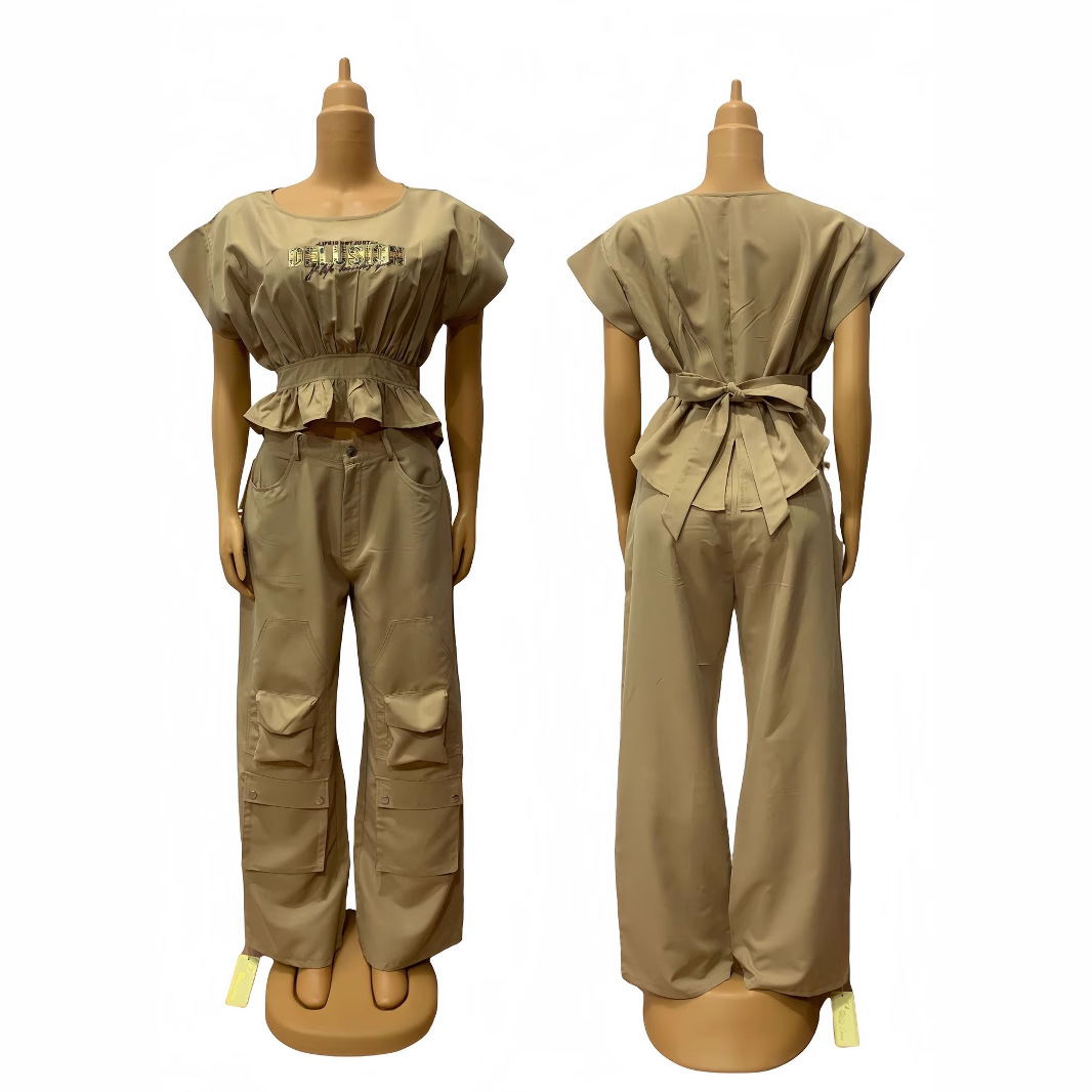 African Print Round Neck Slim Waist Short-Sleeve Top + Loose Cargo Pants Set
