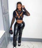 Women's Autumn Solid Color PU Leather Low-Rise Pants Sexy Slim Fit Casual Wear