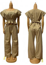 African Print Round Neck Slim Waist Short-Sleeve Top + Loose Cargo Pants Set