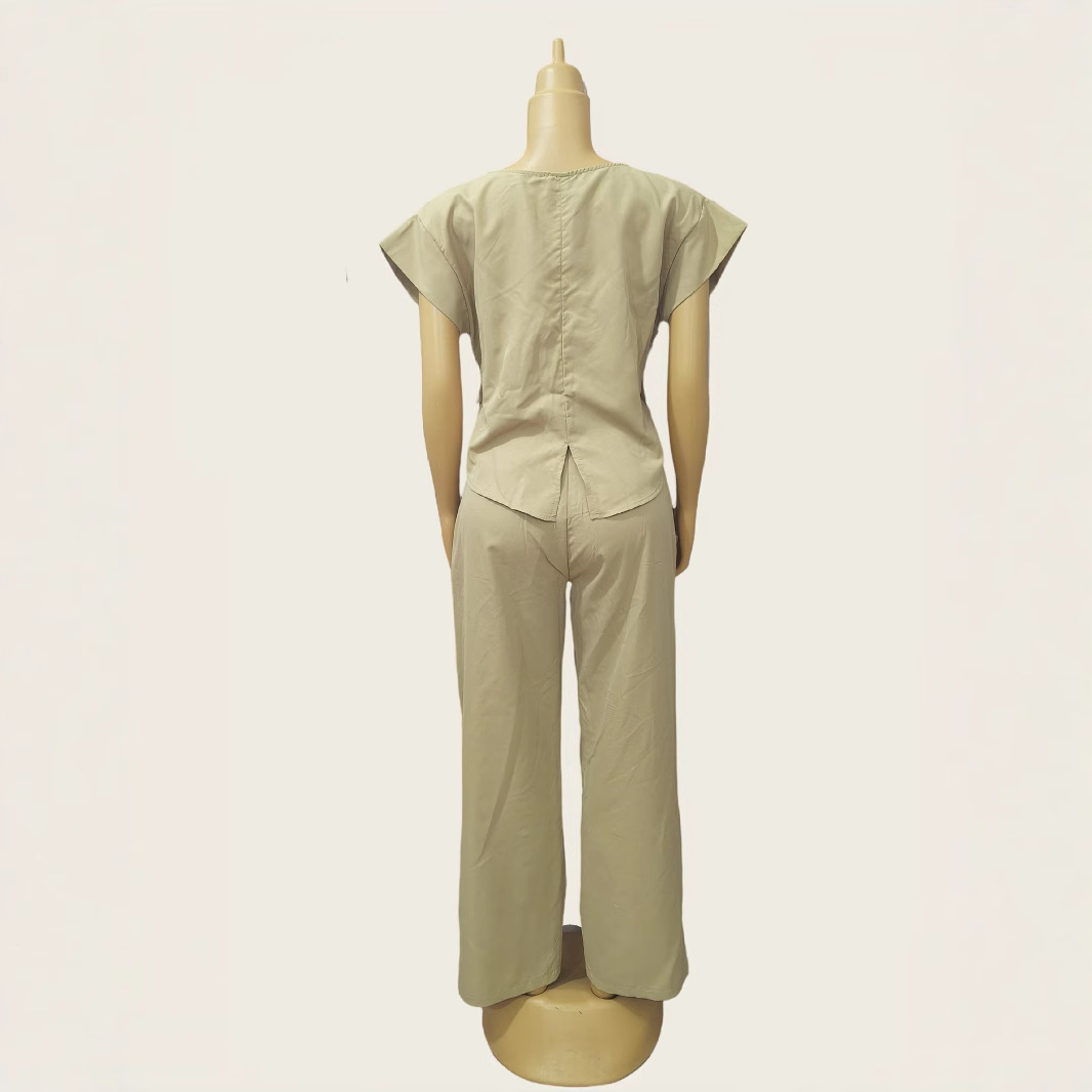African Print Round Neck Slim Waist Short-Sleeve Top + Loose Cargo Pants Set