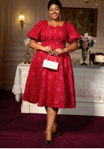 Plus Size Formal Party Dress High Waist Slim Fit Square Neck Puff Sleeve A-Line Gown