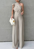 Halter Neck Top + Solid Straight-Leg Pants Two-Piece Set