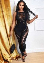 Spring Women's Round Neck Sleeveless Cut-Out High-Waist Sexy Jumpsuit