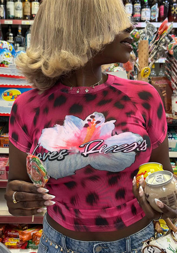 Women's Tight Fitting Floral Letter Print Round Neck Short Sleeve Crop Top