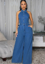 Women's Fashion Sexy Low Back Turndown Collar Halter Sleeveless Wide-Leg Denim Jumpsuit
