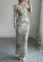 Women Elegant Slash Shoulder long-sleeved top and Skirt two-piece set