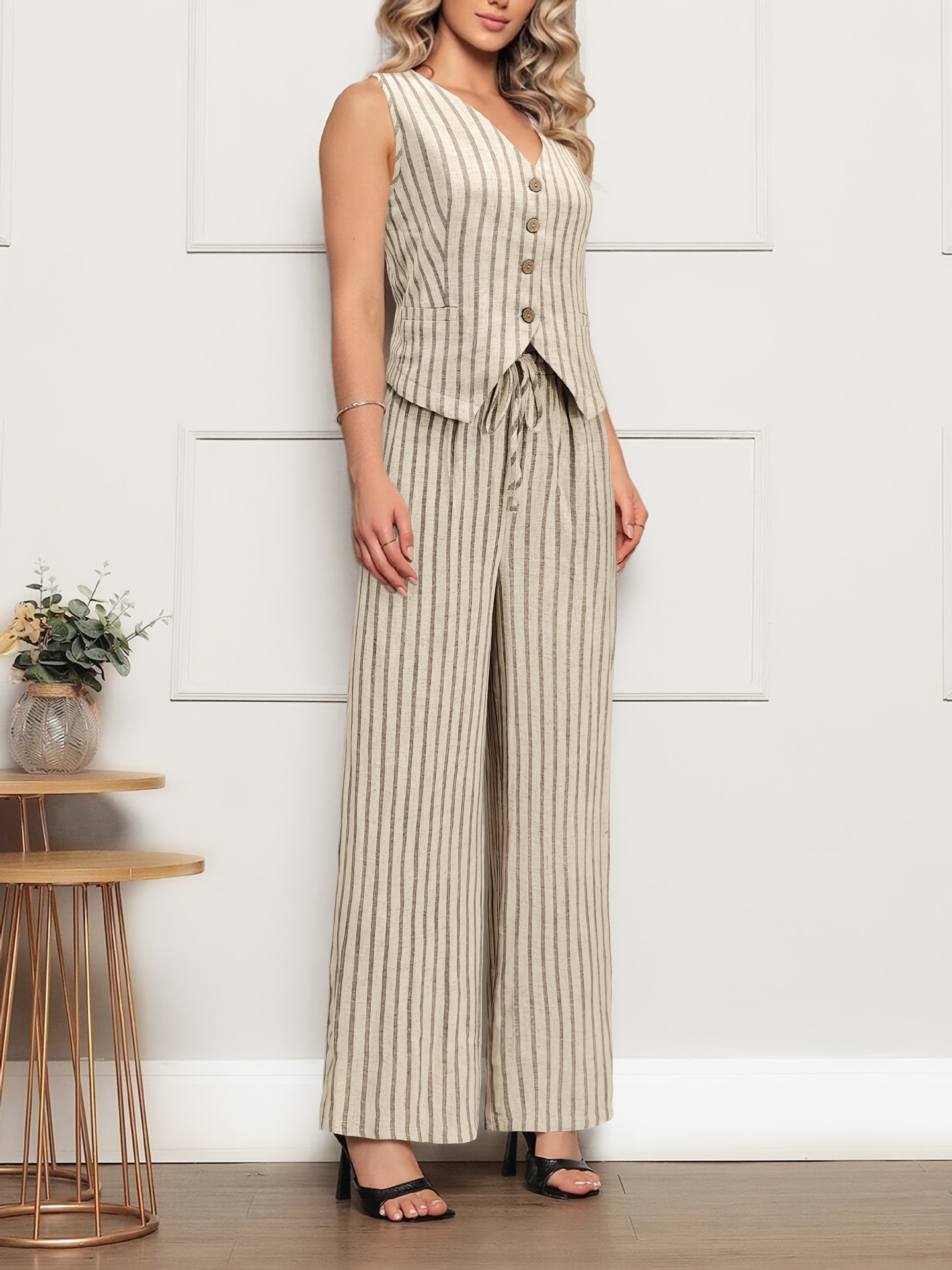 Women Sleeveless Vest Top Striped Wide Leg Pants Two-Piece Set