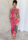 Women Sleeve Casual Sexy Off Shoulder Print Sleeveless Stretchy Bodycon Dress