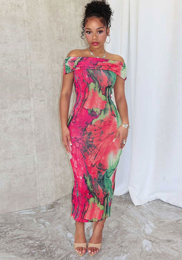 Women Sleeve Casual Sexy Off Shoulder Print Sleeveless Stretchy Bodycon Dress
