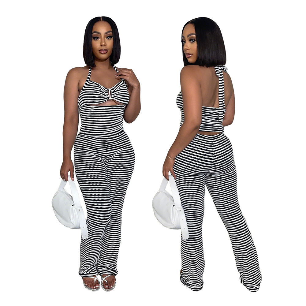 Women jacquard striped lace-up Crop Top and pencil pants two-piece set