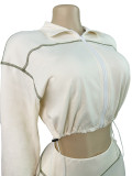 Women's Sexy Elastic Waist Long Sleeve Crop Top Slim Tight Pants Two-Piece Set