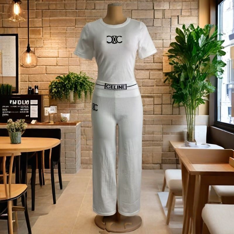 Summer Flocked Print Short Sleeve T-shirt + High-Waist Pants Matching Outfit