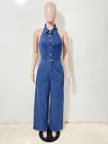 Women's Fashion Sexy Low Back Turndown Collar Halter Sleeveless Wide-Leg Denim Jumpsuit