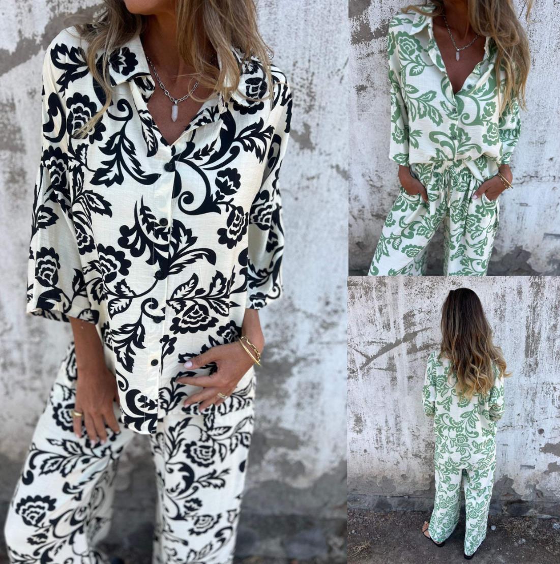 Women Casual Women Printed Shirt Pants Two-Piece Set