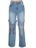 Women's Fashion Embroidered Blue High-Waisted Wide-Leg Denim Pants