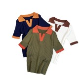 Women French Polo Neck Contrast Knittin Summer Short Sleeve Top
