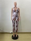 Summer Floral Print Halter Neck Low Back Slim Waist Sleeveless Trendy Jumpsuit