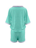 Women's Half-Sleeve V-Neck Striped Knit Top + High-Waist Shorts Casual Set