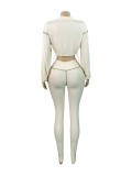 Women's Sexy Elastic Waist Long Sleeve Crop Top Slim Tight Pants Two-Piece Set