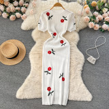 Summer Chic Embroidered Rose Short Sleeve Bodycon Knit Dress