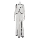 Women contrast color cross round neck sleeveless top Slit trousers two-piece set