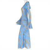 Round Neck Long-Sleeve Tie-Dye Print Dress