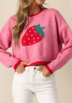 Women strawberry jacquard autumn sweater Casual short long-sleeved knitting shirt Top