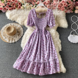 Women Floral Square Neck Pleated Maxi Dress