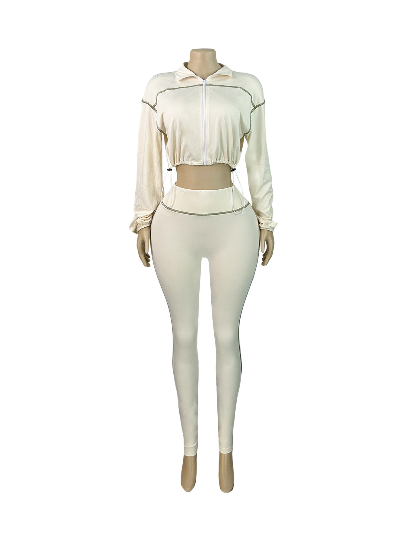 Women's Sexy Elastic Waist Long Sleeve Crop Top Slim Tight Pants Two-Piece Set