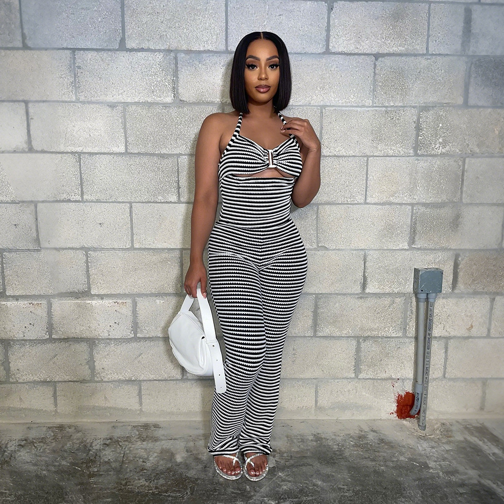 Women jacquard striped lace-up Crop Top and pencil pants two-piece set