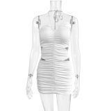 Women summer pleated sleeveless Halter Neck sexy hollow bodycon dress