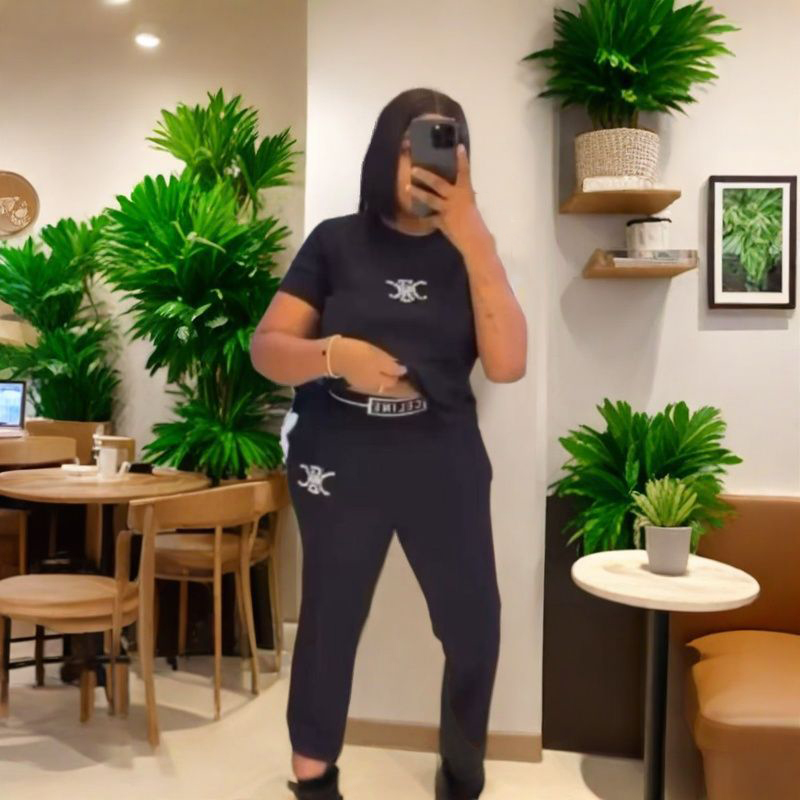 Summer Flocked Print Short Sleeve T-shirt + High-Waist Pants Matching Outfit