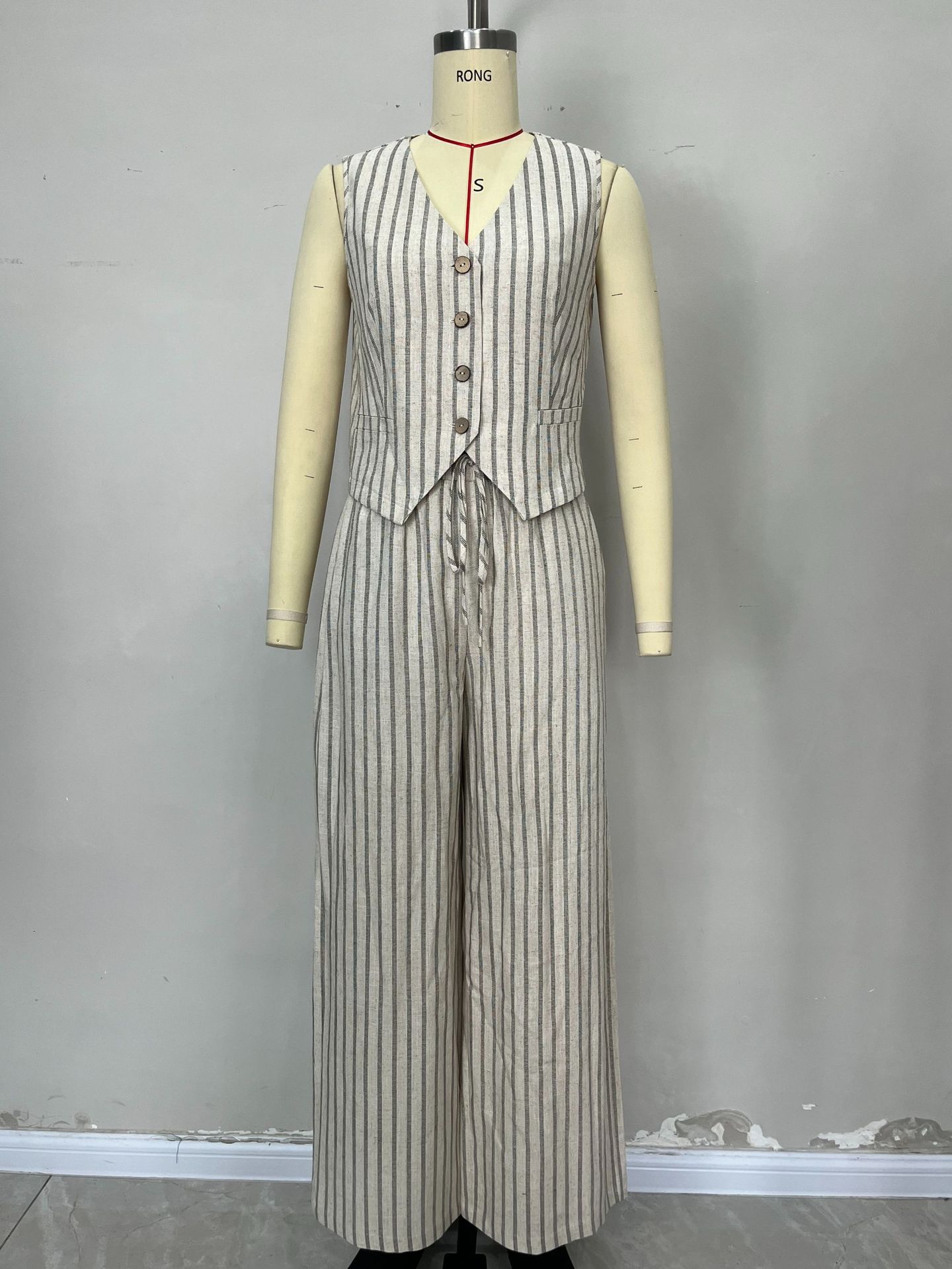 Women Sleeveless Vest Top Striped Wide Leg Pants Two-Piece Set