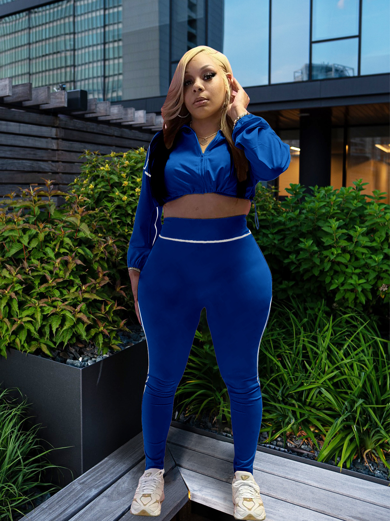 Women's Sexy Elastic Waist Long Sleeve Crop Top Slim Tight Pants Two-Piece Set