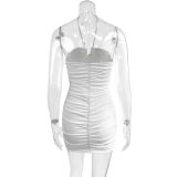 Women summer pleated sleeveless Halter Neck sexy hollow bodycon dress