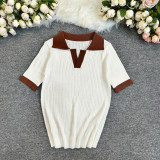 Women French Polo Neck Contrast Knittin Summer Short Sleeve Top